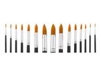 A set of various paintbrushes with black handles and orange bristles, arranged in a row.