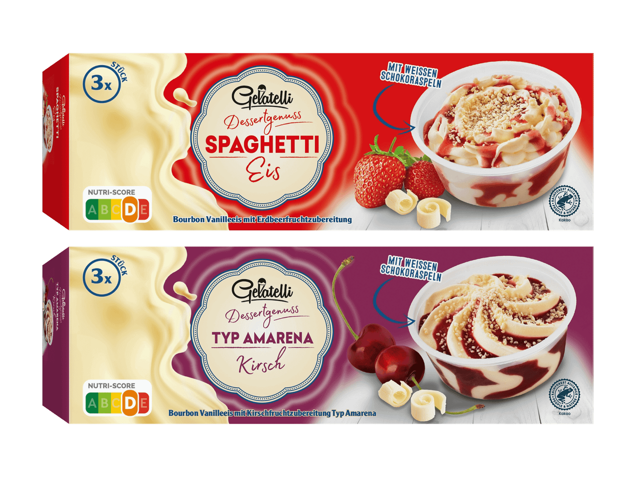 Zwei Packungen Olma Dessert: Erdbeer-Spaghetti und Kirsch-Topfen.