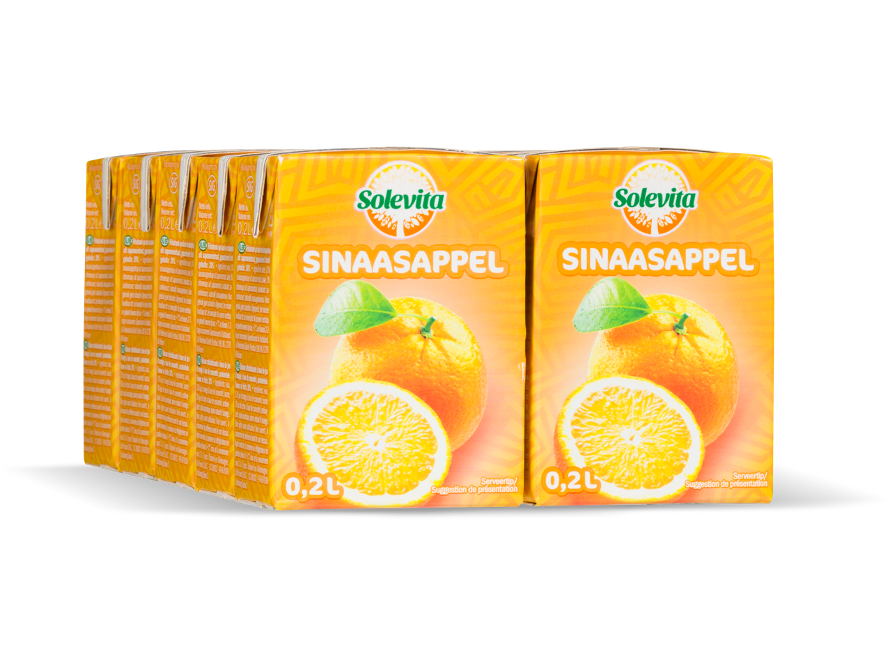 Zes Solevita Sinaasappelsap kartonnen pakken, elk 0,2L.