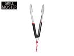 Grill Meister logo and stainless steel barbecue tongs with black and red accents.