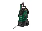 Green and black pressure washer with wheels and a hose, angled view.