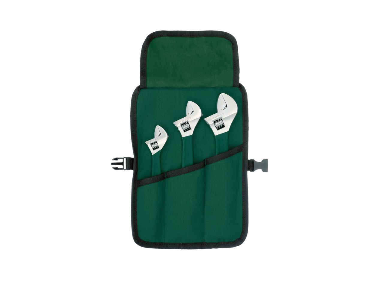 Set di tre chiavi regolabili in una custodia arrotolabile verde.