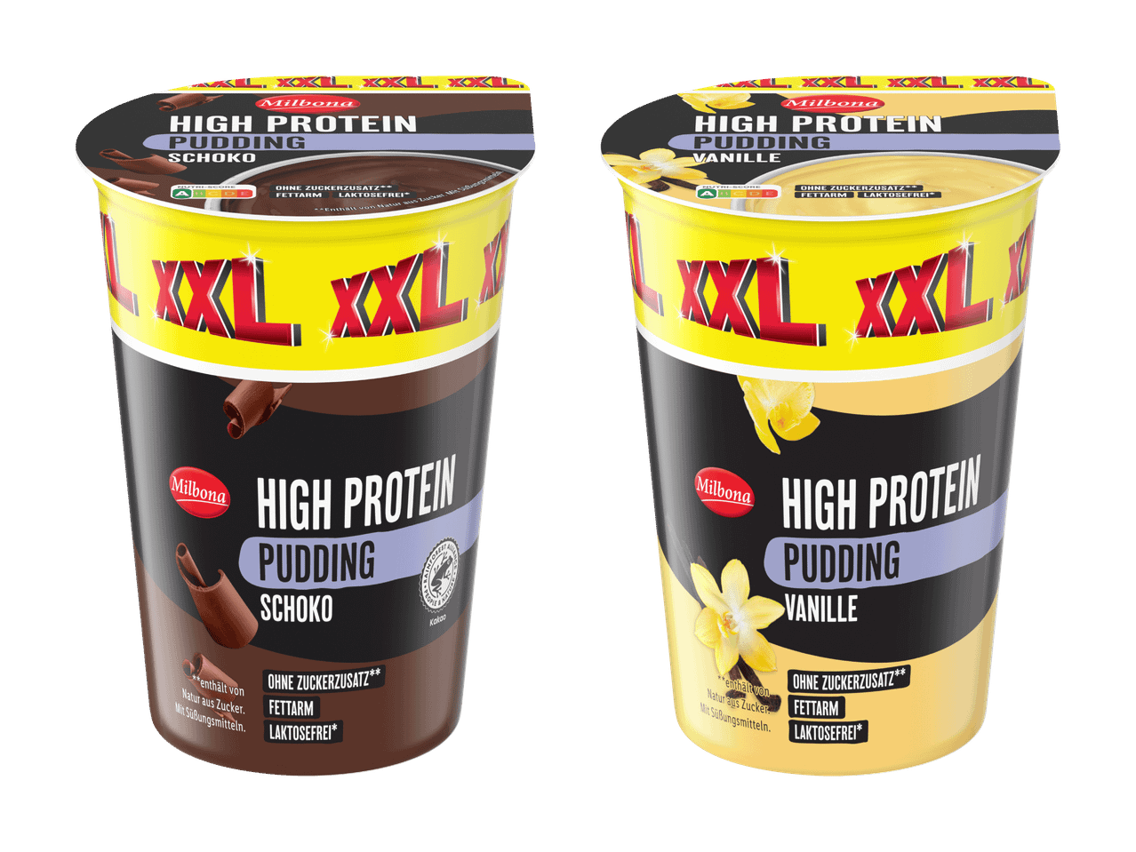 Zwei XXL High Protein Puddings in den Geschmacksrichtungen Schoko und Vanille, fettarm und laktosefrei.