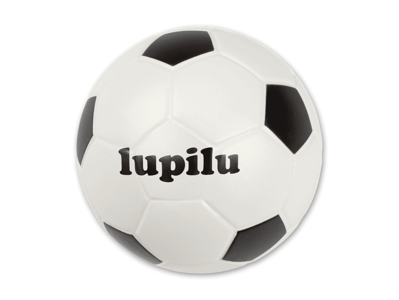 Ein weiß-schwarzer Fußball mit dem Schriftzug „lupilu“ in der Mitte.