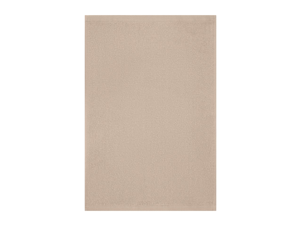 Beige rectangular towel with a textured surface and hemmed edges.