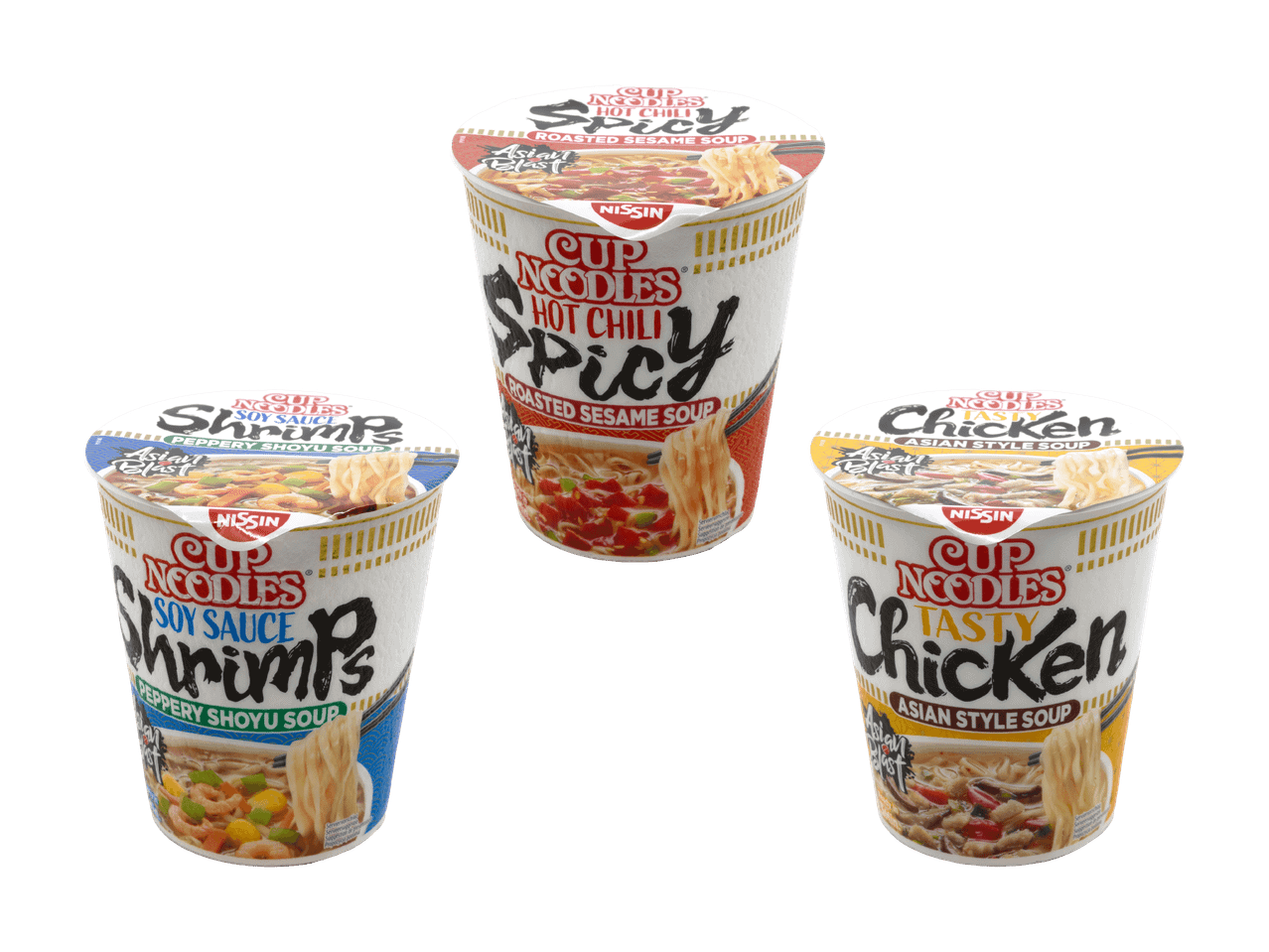 Drei Becher Instantnudeln: scharfe Chili, Sojasaucen-Garnelen und Hühnchen.