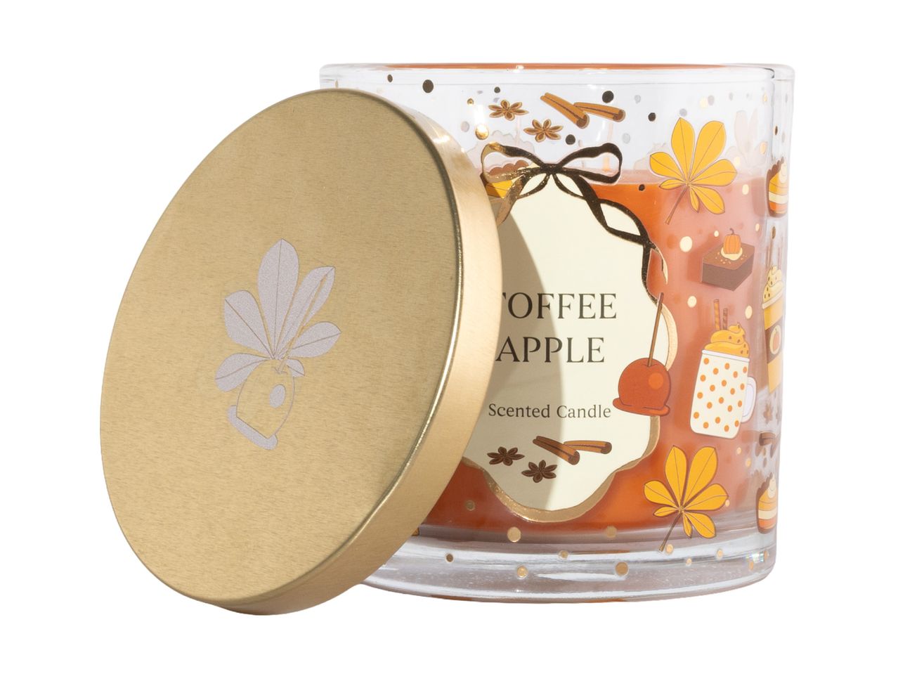 Toffee Apple scented candle in a decorated glass jar with a gold lid.