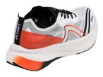 White and orange running shoe with black laces and sole, viewed from the side.
