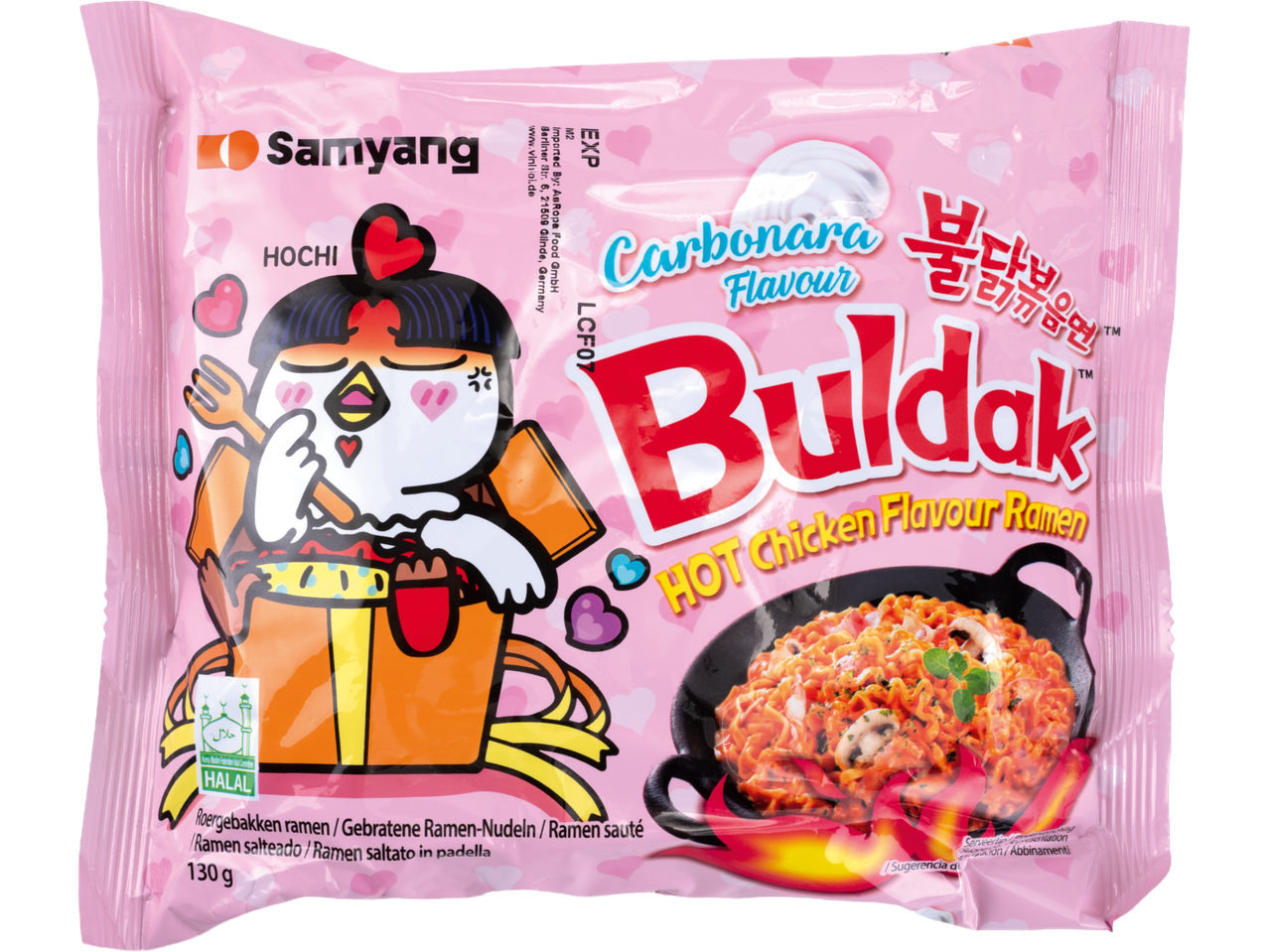 Samyang Buldak Carbonara Hot Chicken Flavour Ramen, 130g, ambalaj roz cu pui desenat.