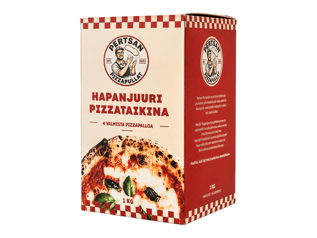 Pizzataikinapakkaus, jossa on kuva pizzasta ja tekstiä hapanjuuripizzataikinasta.