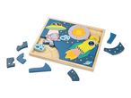 Space-themed wooden puzzle with an astronaut cat, rocket, and UFO.
