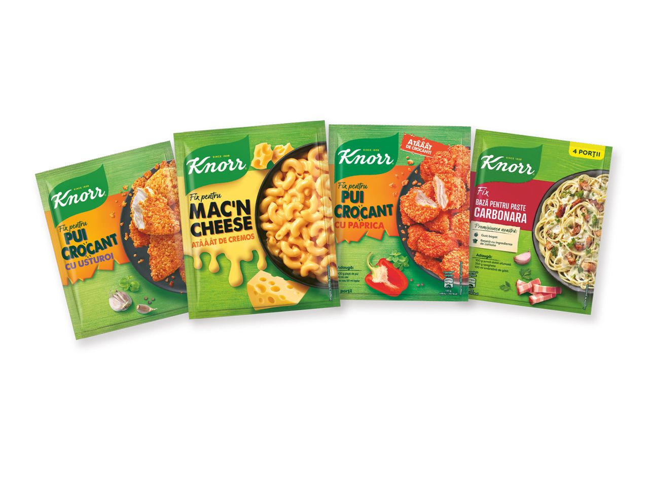 Patru pachete Knorr pentru pui crocant, mac and cheese și paste carbonara.