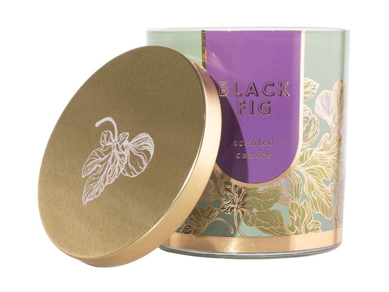 Black Fig scented candle in a green and gold jar with a matching gold lid