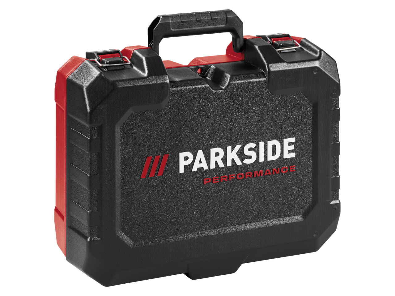 Mala de ferramentas Parkside Performance preta e vermelha para uma aparafusadora de impacto sem fios de 20 V.