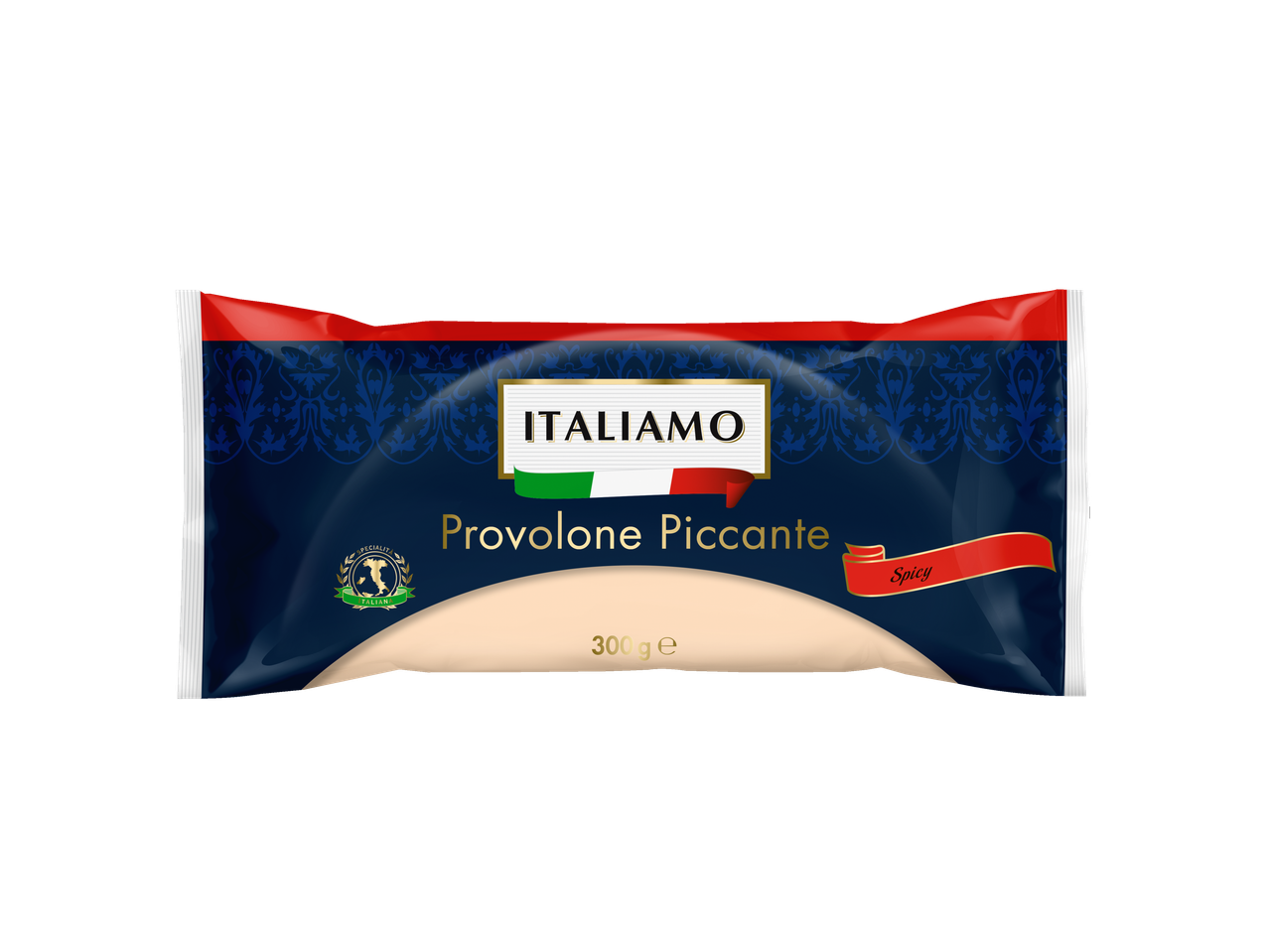 Italiamo Provolone Piccante (Spicy) cheese, 300g, in a dark blue and red package.