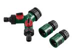 Green garden hose splitter with red valves and two green hose connectors.