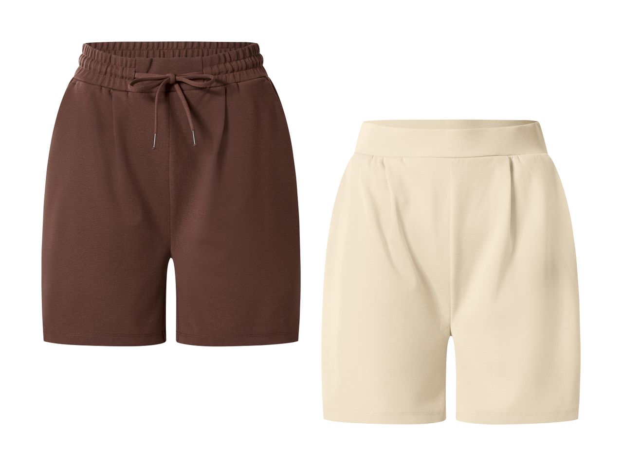 To par shorts: et brunt par med snøre i taljen og et beige par med elastik i taljen.