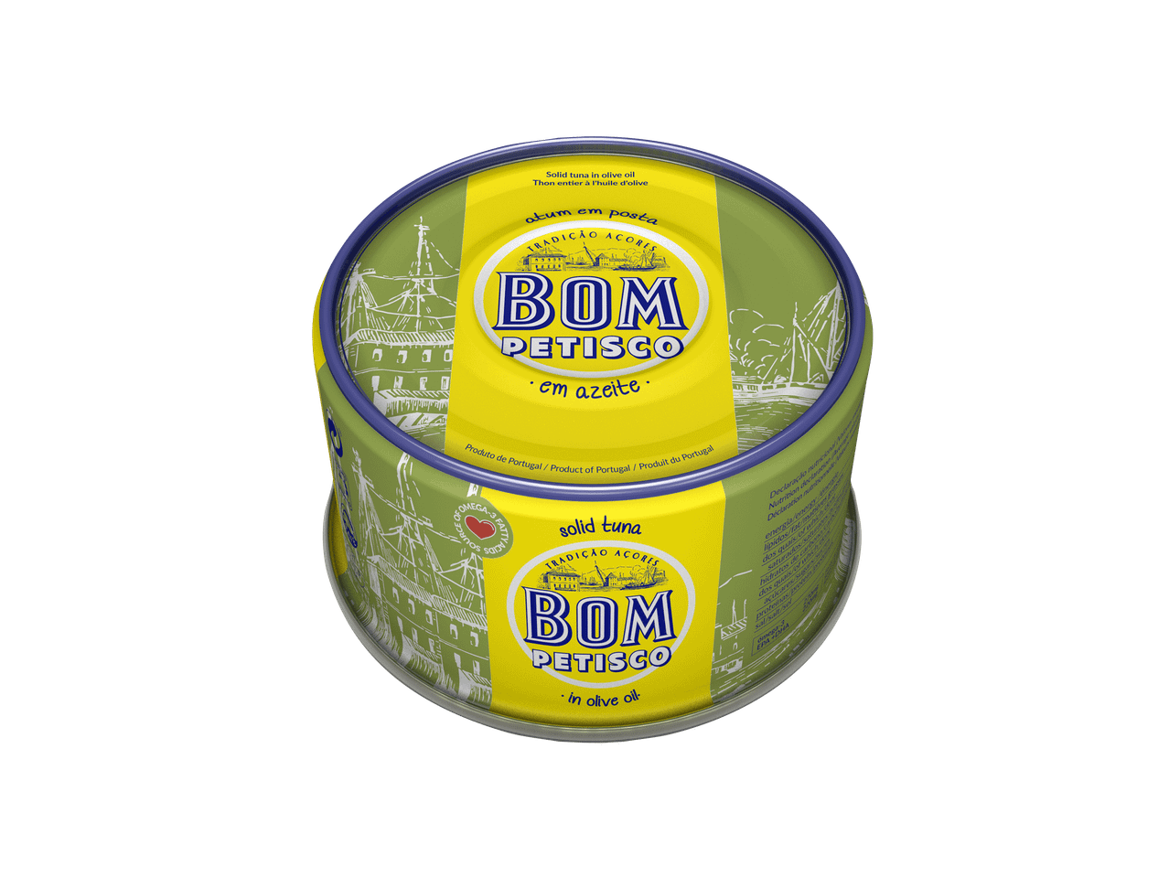 Lata de atum sólido em azeite com rótulo verde e amarelo, com texto em português e inglês.