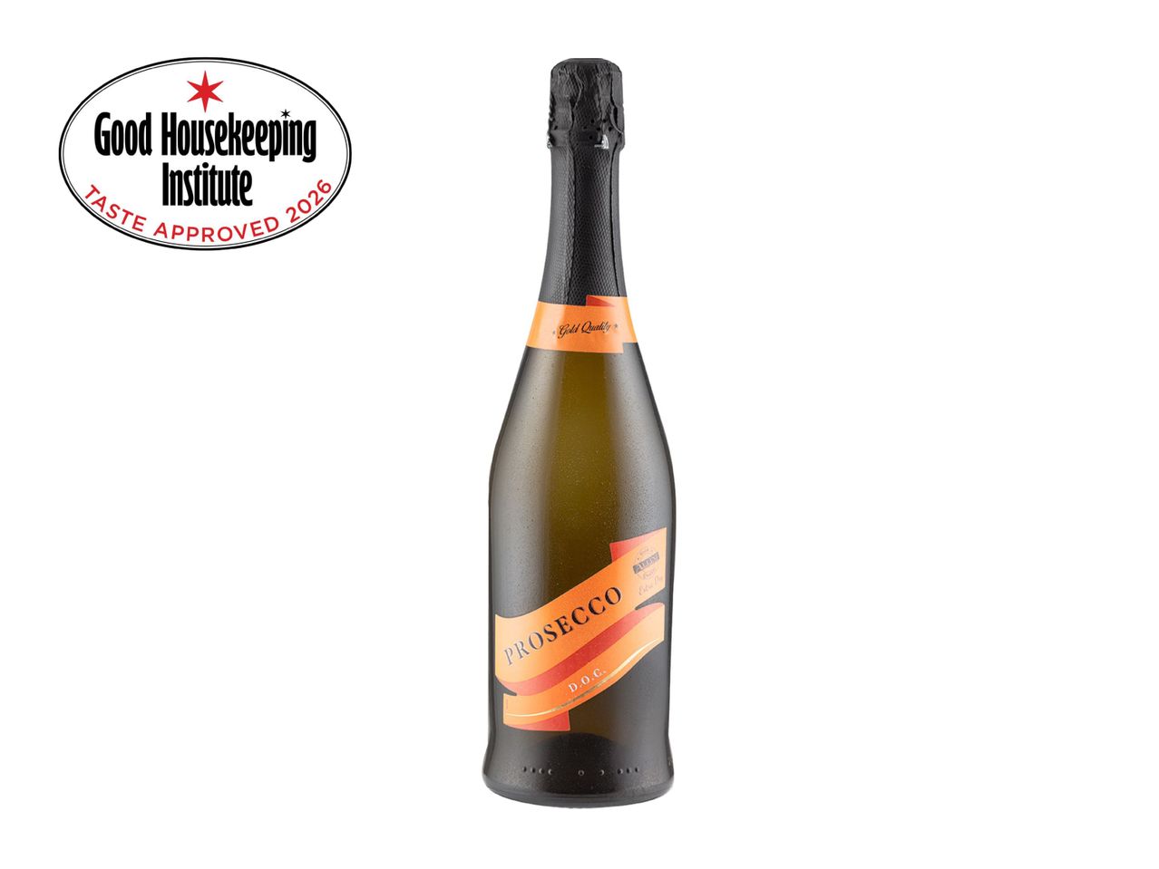 A bottle of Prosecco with a Good Housekeeping Institute Taste Approved 2026 seal.