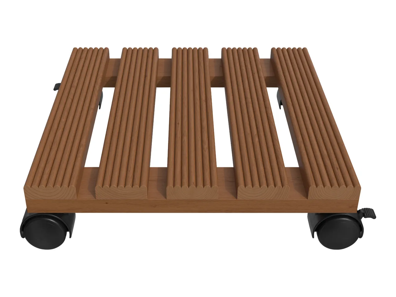 Wooden plant caddy with slatted top and black caster wheels
