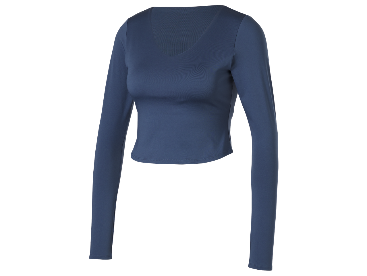 Дамска синя блуза с дълъг ръкав и V-образно деколте.