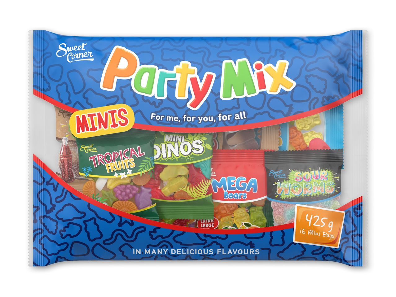 En pose Sweet Corner Party Mix Minis med forskellige sliktyper som f.eks. tropiske frugter, dinosaurer og sure orme.