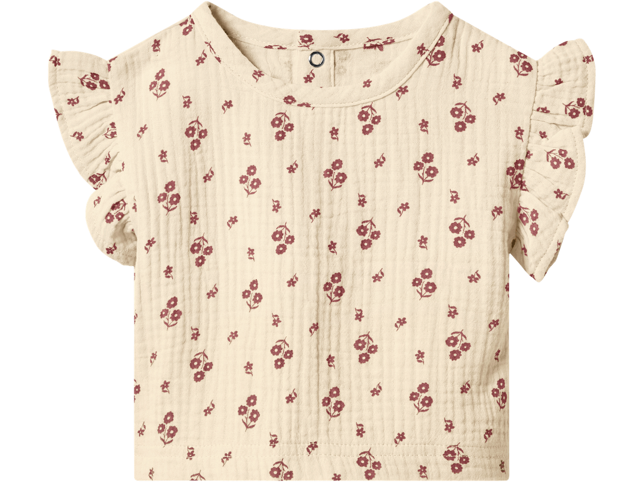 Cream baby top with ruffled sleeves and small red floral print, snap button at the neck.