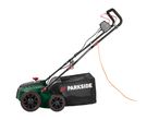 Electric lawn scarifier with a black collection bag and orange power cord.