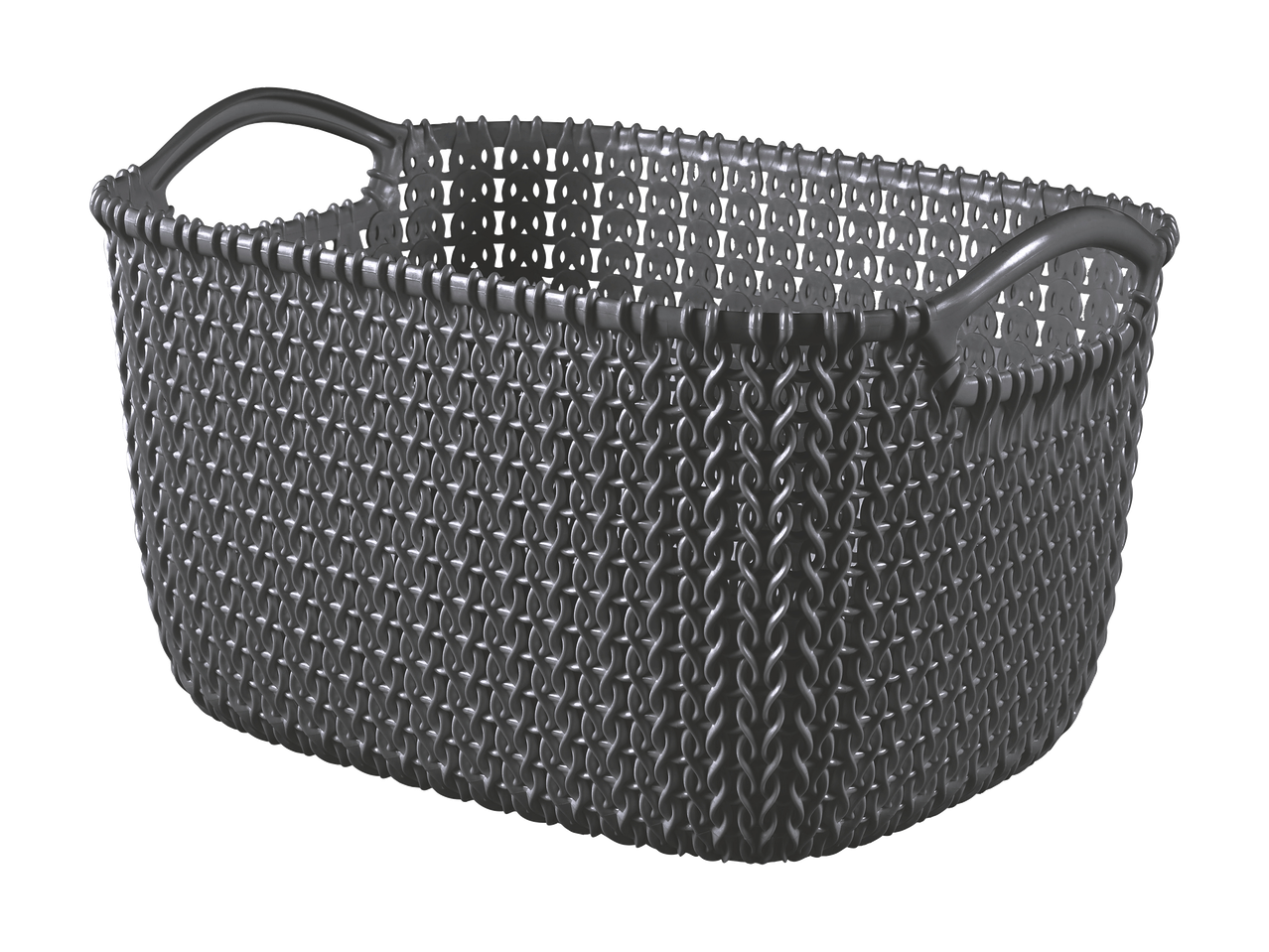 Panier de rangement rectangulaire gris foncé avec poignées, motif tressé