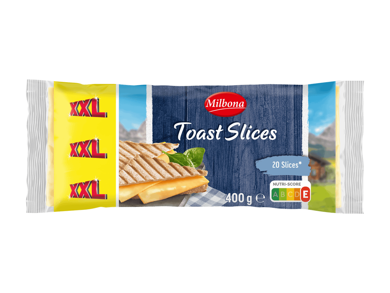 Paquet de tranches de fromage pour toast, format XXL, 20 tranches, 400g, Nutri-Score E.