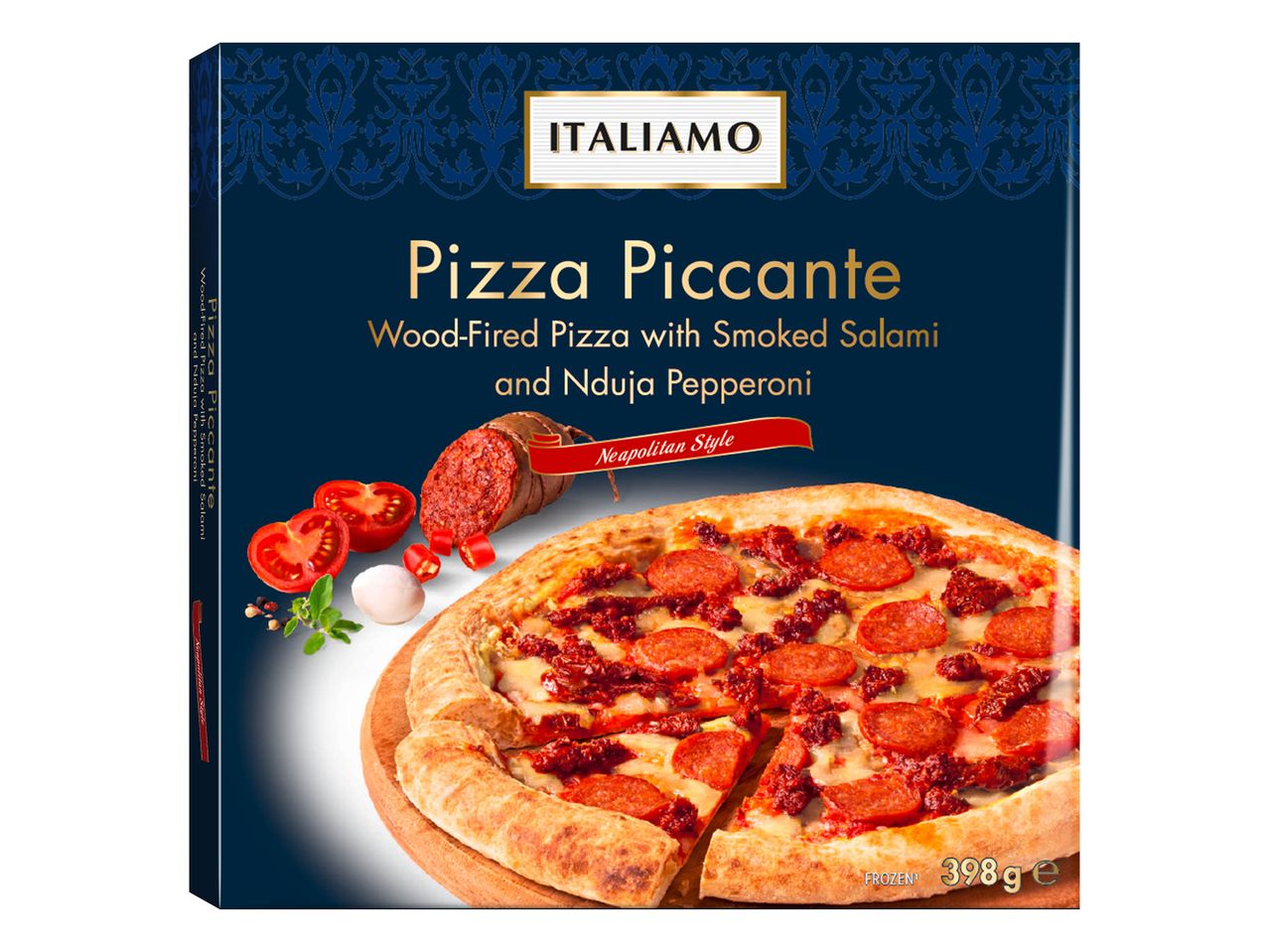 Pizza Piccante Italamo : pizza au feu de bois avec salami fumé et pepperoni Nduja, style napolitain.