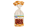A bag of roasted and caramelised peanuts with a rustic wood-grain and floral design.