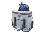 A gray soft-sided cooler bag with a zippered top and handles.