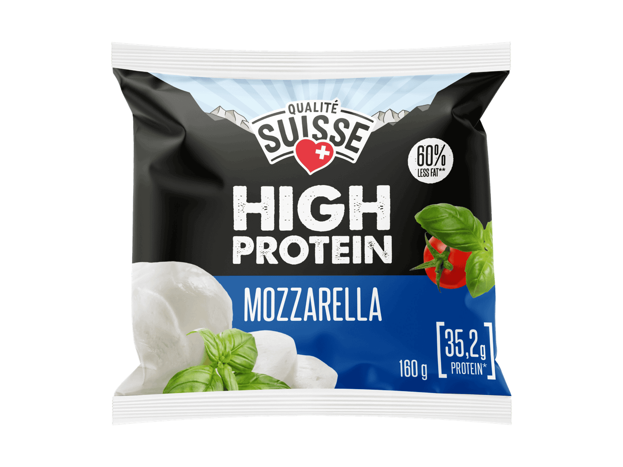 Emballage de mozzarella riche en protéines, 60% moins de matières grasses, avec tomate et basilic.