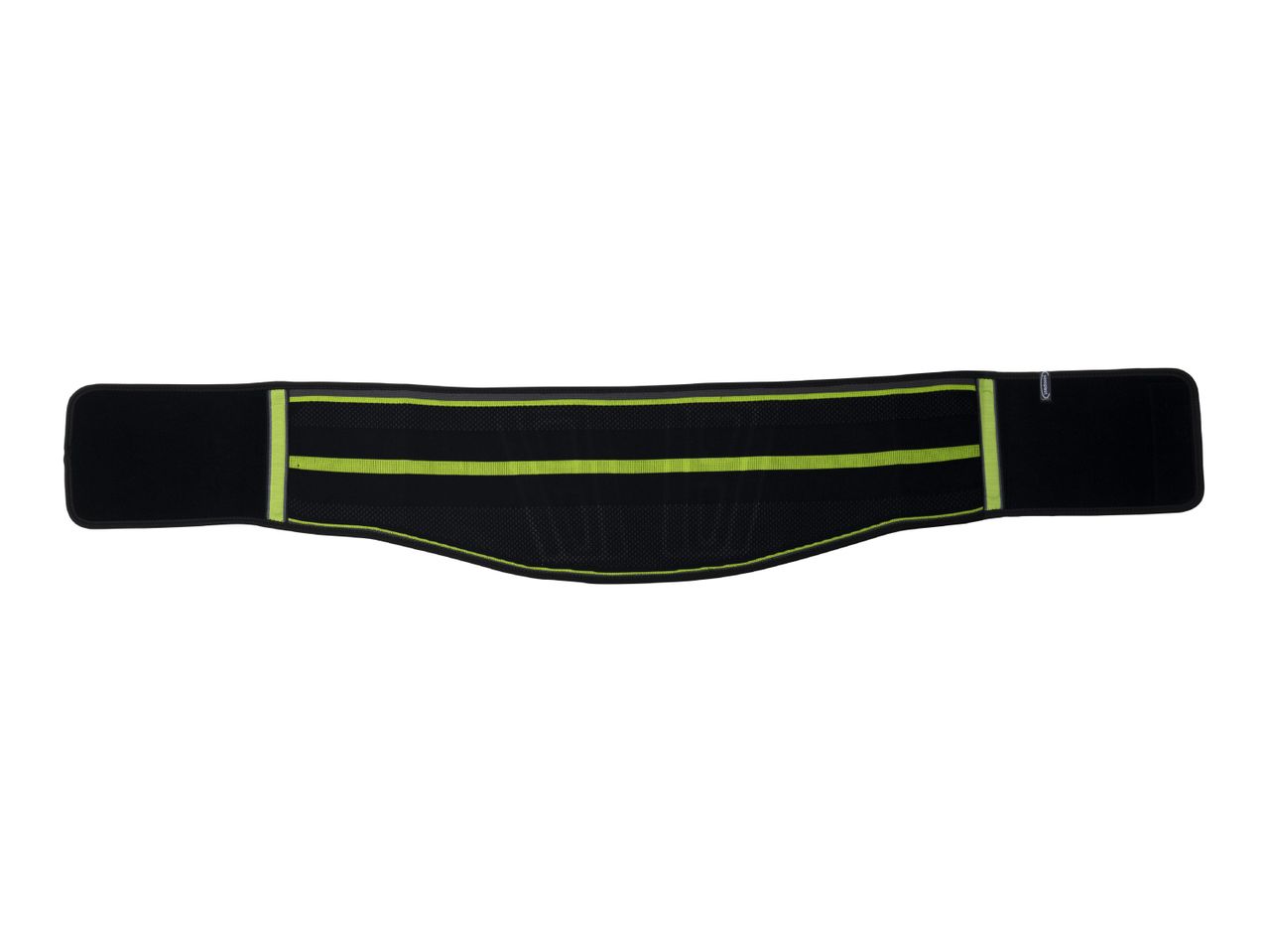 Black and neon green back support belt with a mesh design.