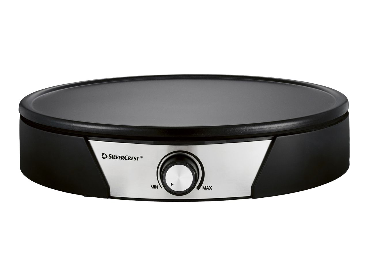 Black electric crepe maker with a silver control knob for temperature adjustment.