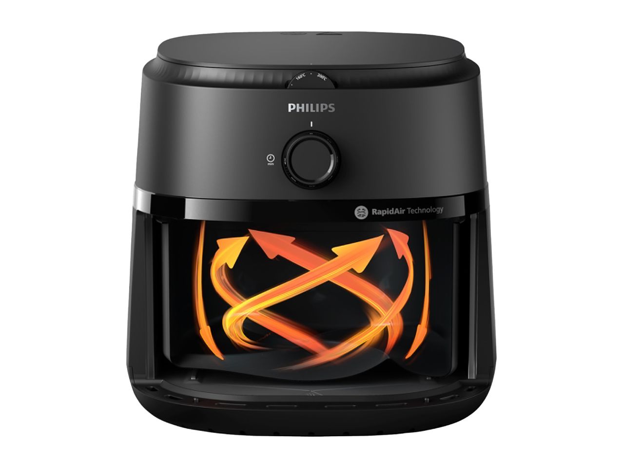 A black Breville air fryer with a graphic showing air circulation.