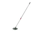 A green and silver telescopic garden tool with a round base, possibly for weeding or cultivating.