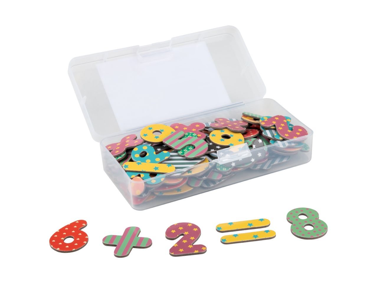 Magnetiske tal og regnetegn i en opbevaringsboks, perfekt til læring af matematik.