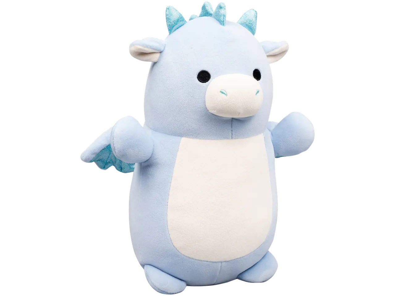 Light blue dragon plush toy with sparkly wings and back spikes, and a white belly.
