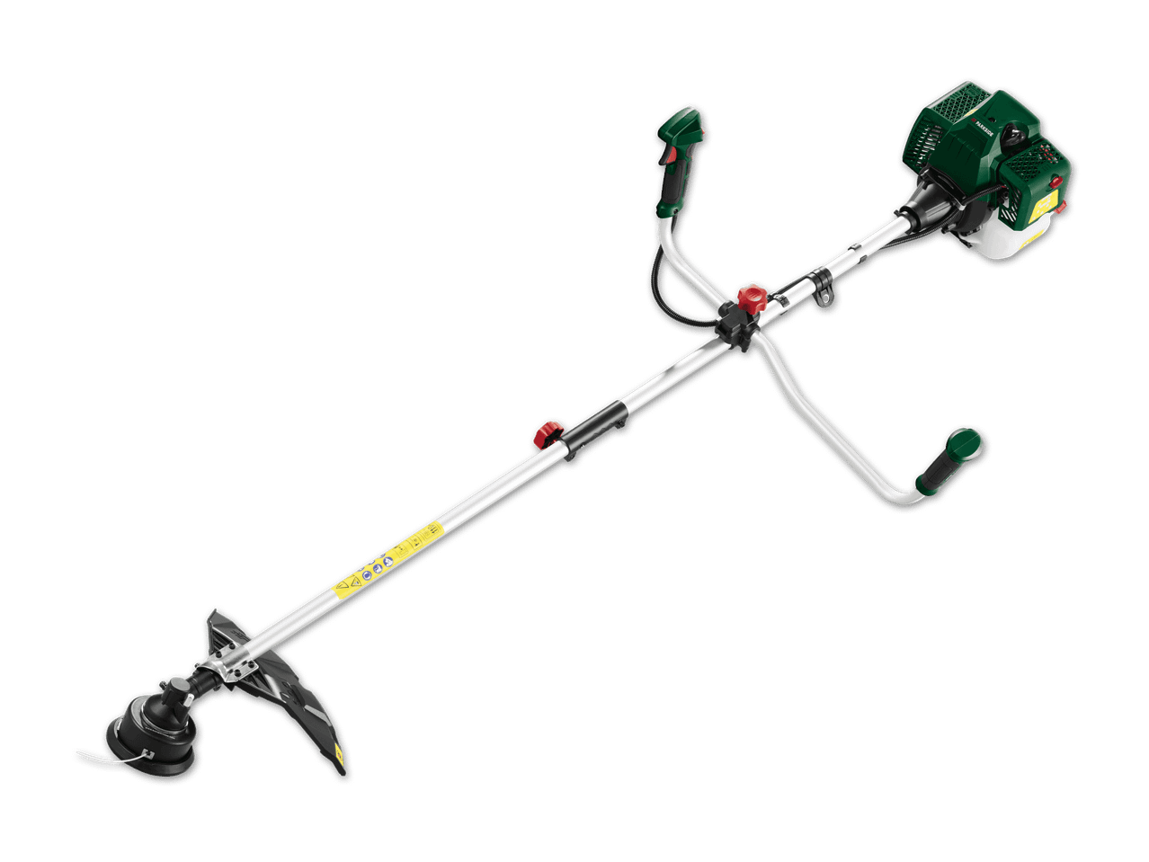 Benzin-Motorsense mit Trimmerkopf und ergonomischen Griffen