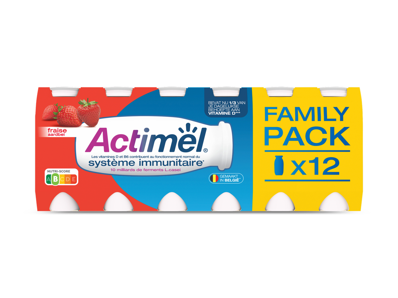 Een familiepak van 12 aardbeienyoghurtshots, rijk aan vitamine D en met Nutri-Score A.
