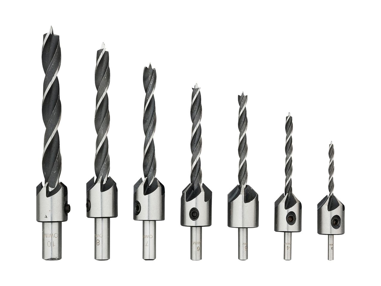 A set of eight WIMO brand Forstner drill bits of varying sizes.