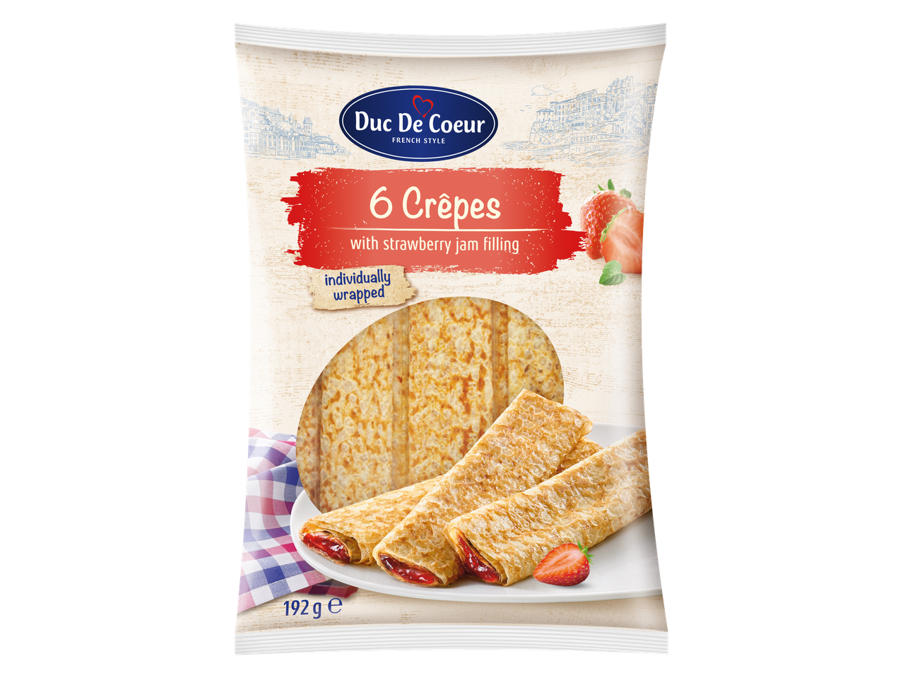 6 Duc De Coeur crêpes met aardbeienjam.