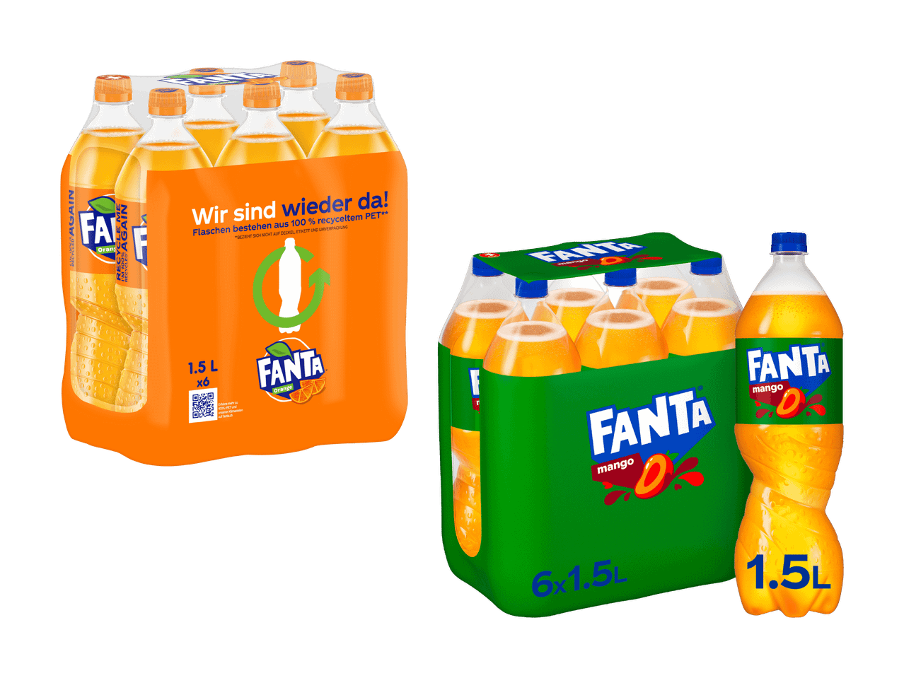 Mehrfachpackungen von Fanta Orange und Mango, mit 1,5-Liter-Flaschen.