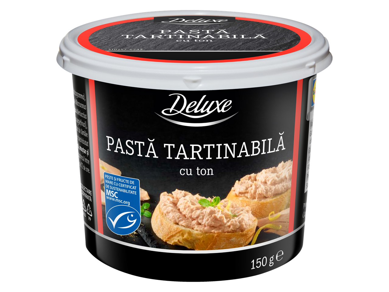 Pastă tartinabilă DELUXE cu ton într-un recipient negru și alb cu margine roșie, 150g.