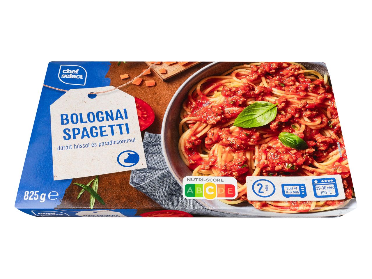 Készfagyasztott bolognai spagetti doboz.
