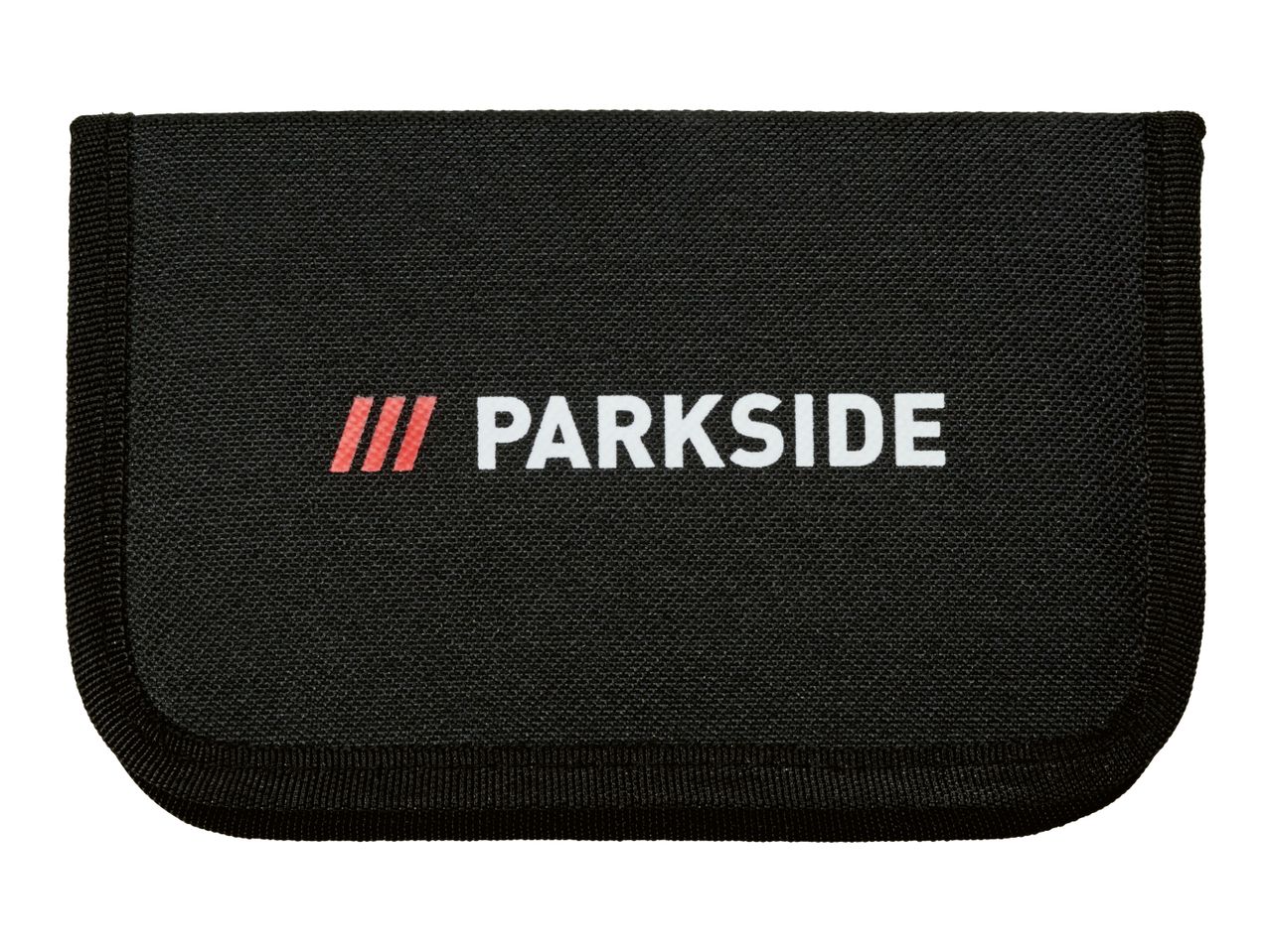 Black fabric tool case with a white logo and red stripes.