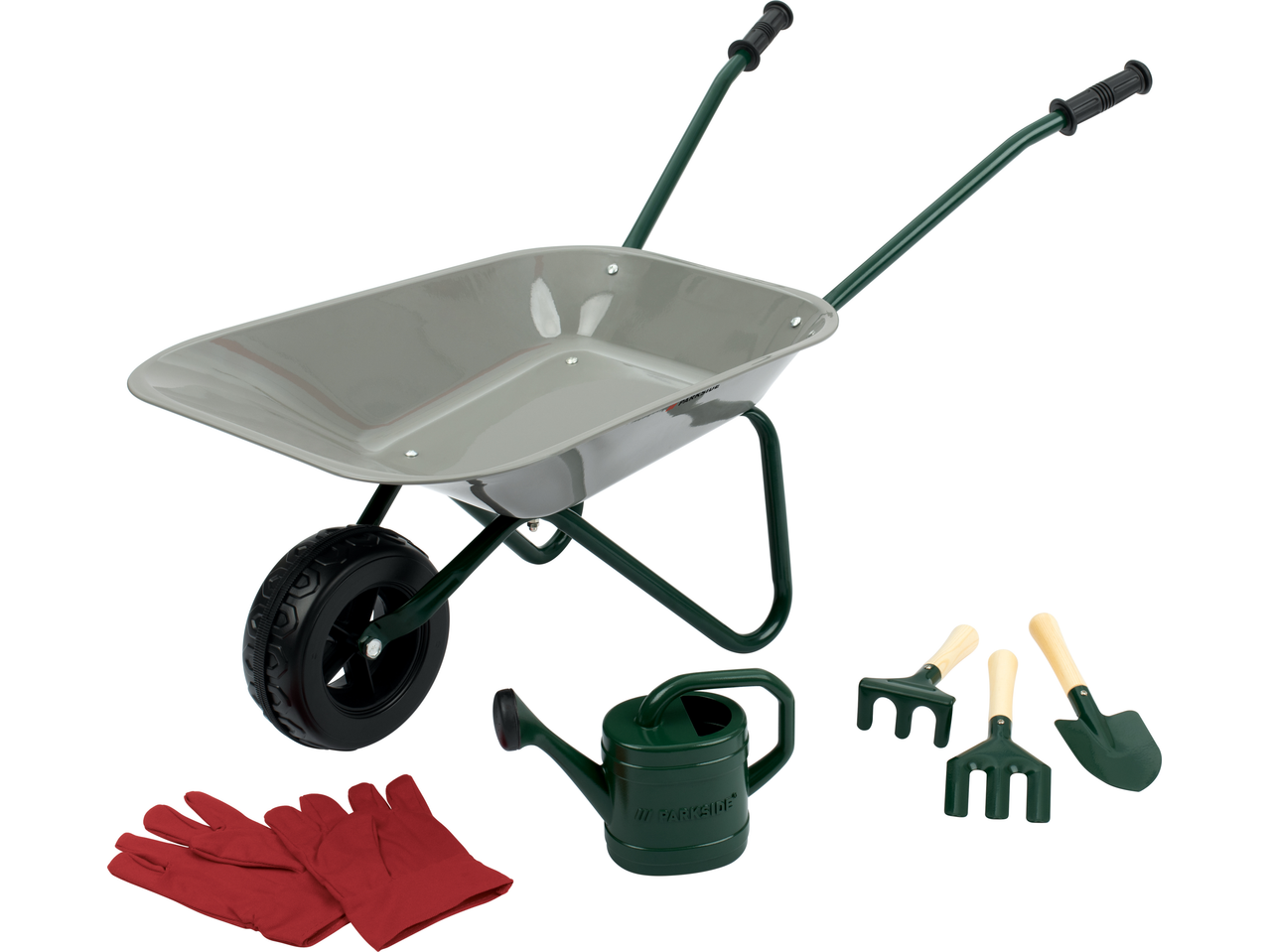 Carrinho de mão Playtive com ferramentas de jardinagem, regador e luvas vermelhas.