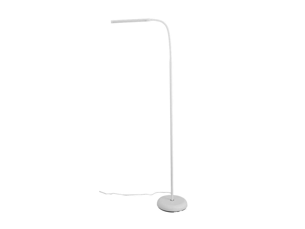 Baltā, izliekta grīdas lampa ar apaļu pamatni.